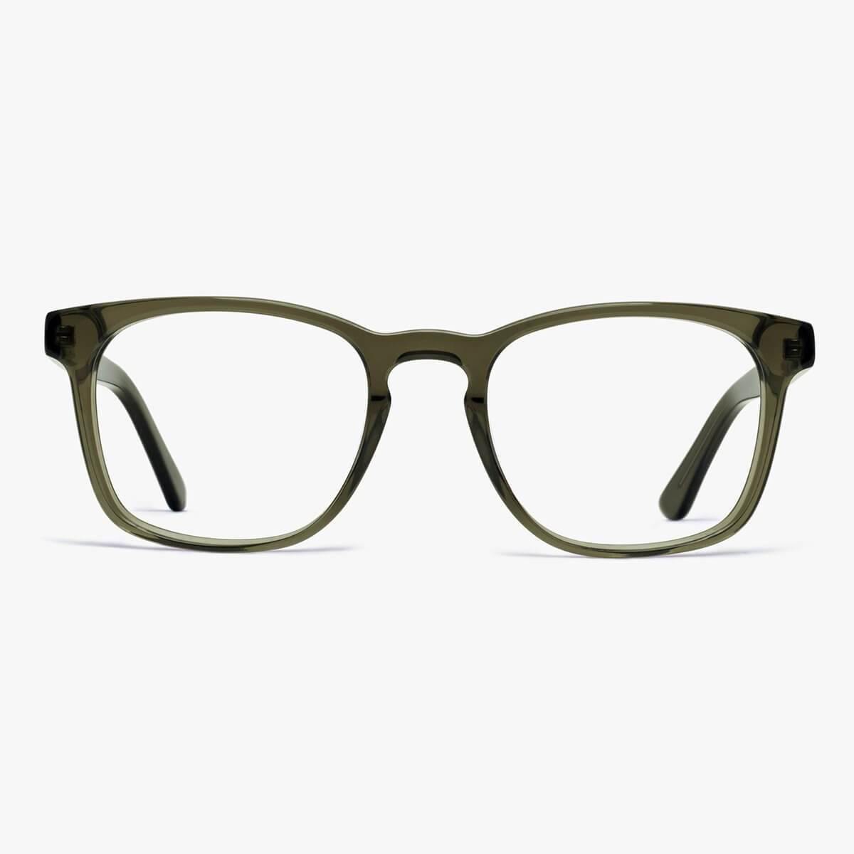 Square olive green glasses with subtle shine