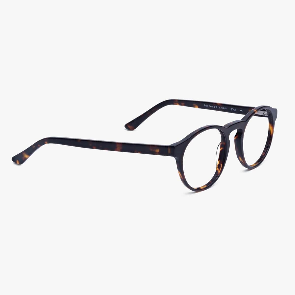 Luxreaders stylish Men's Trondheim Dark Turtle Blue light glasses. Made from Acetate in a Round shape.