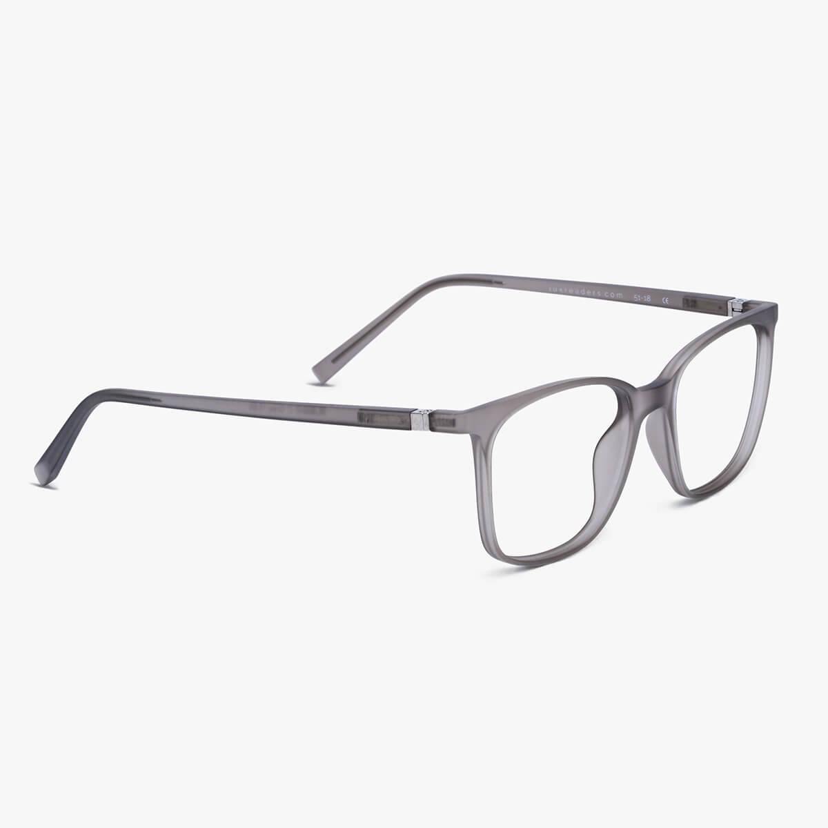 Luxreaders stylish Fyn Grey Blue light glasses. Made from Rubber in a Square shape.