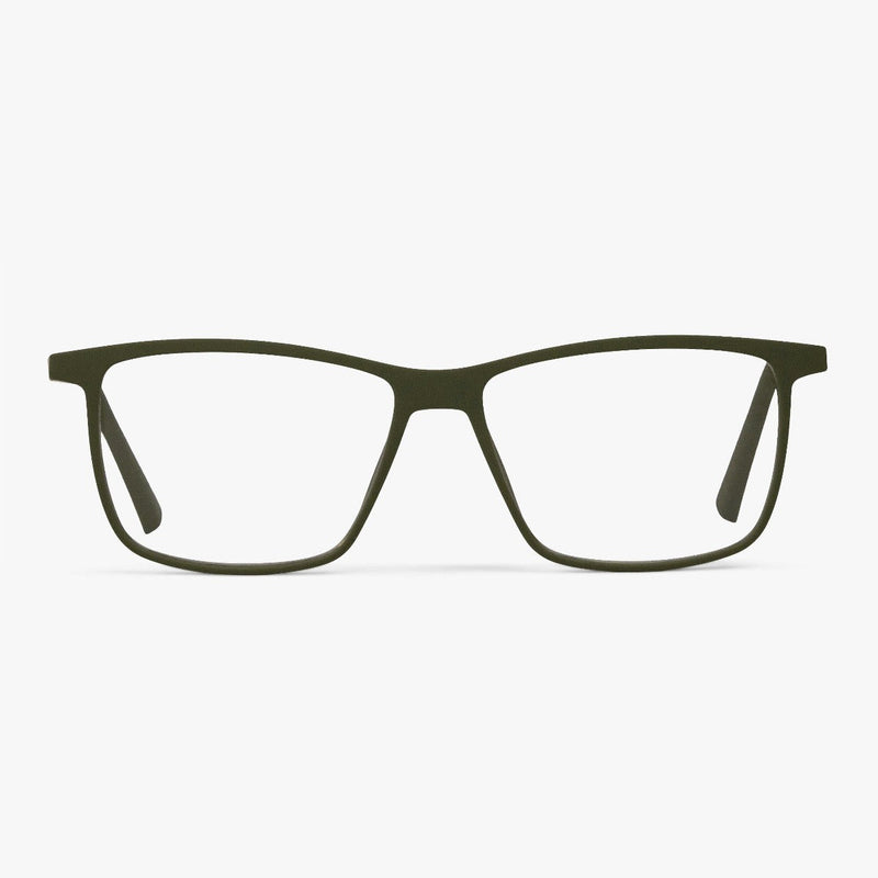 Dark army green rectangular glasses with sleek design