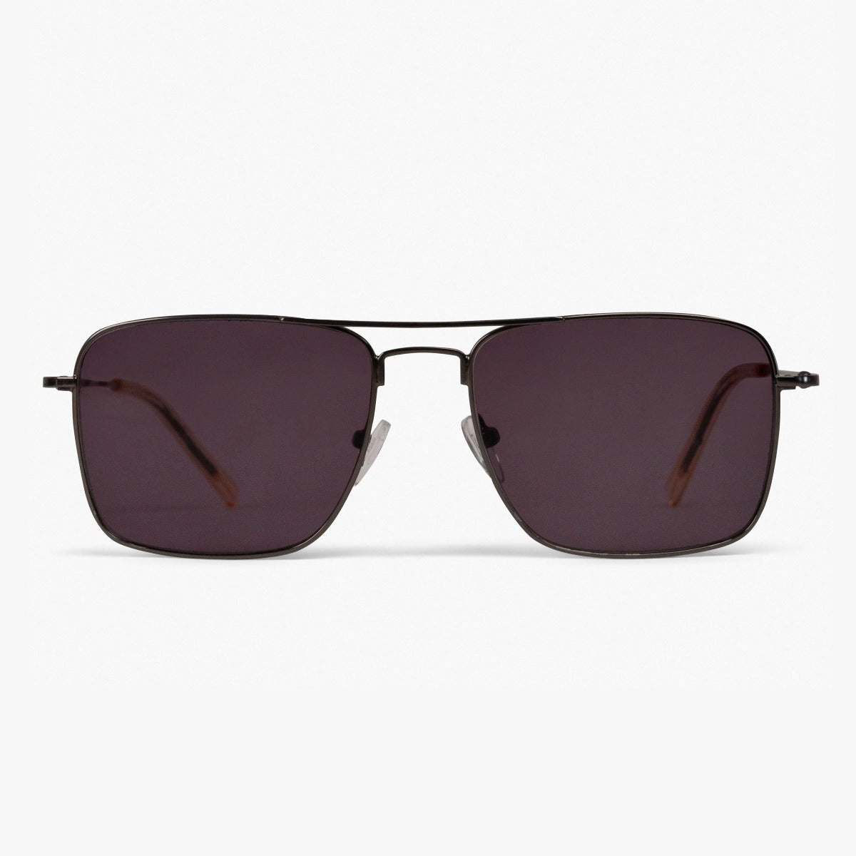 Rectangular black sunglasses with dark lenses