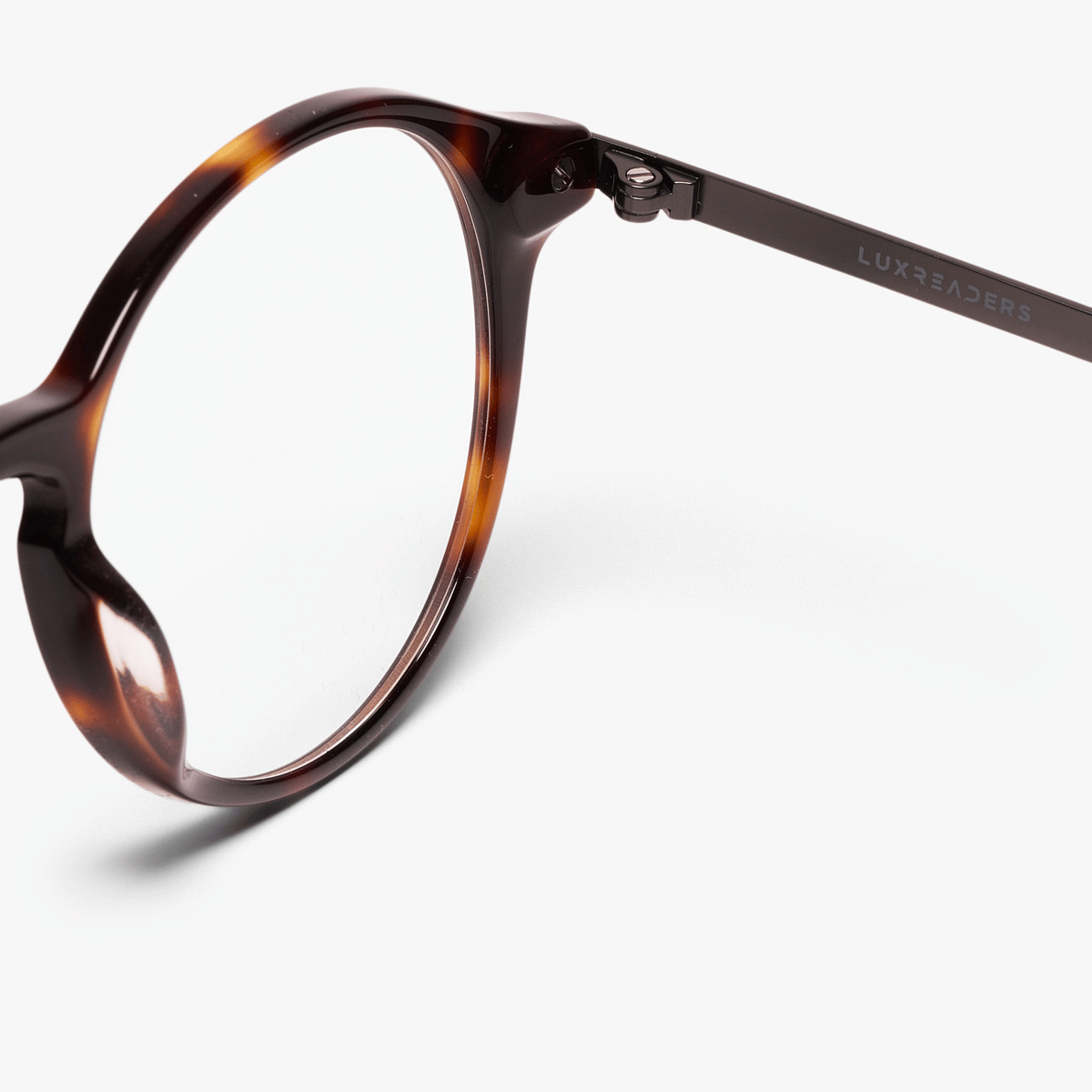 Tortoiseshell reading glasses with Luxreaders branding on the temple