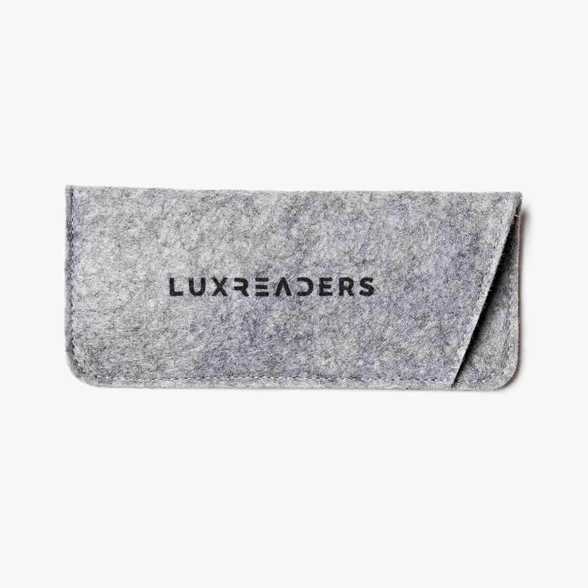 Gray felt glasses case with Luxreaders logo