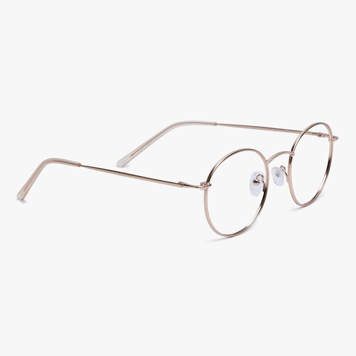 Round gold metal frame glasses with clear lenses and nose pads