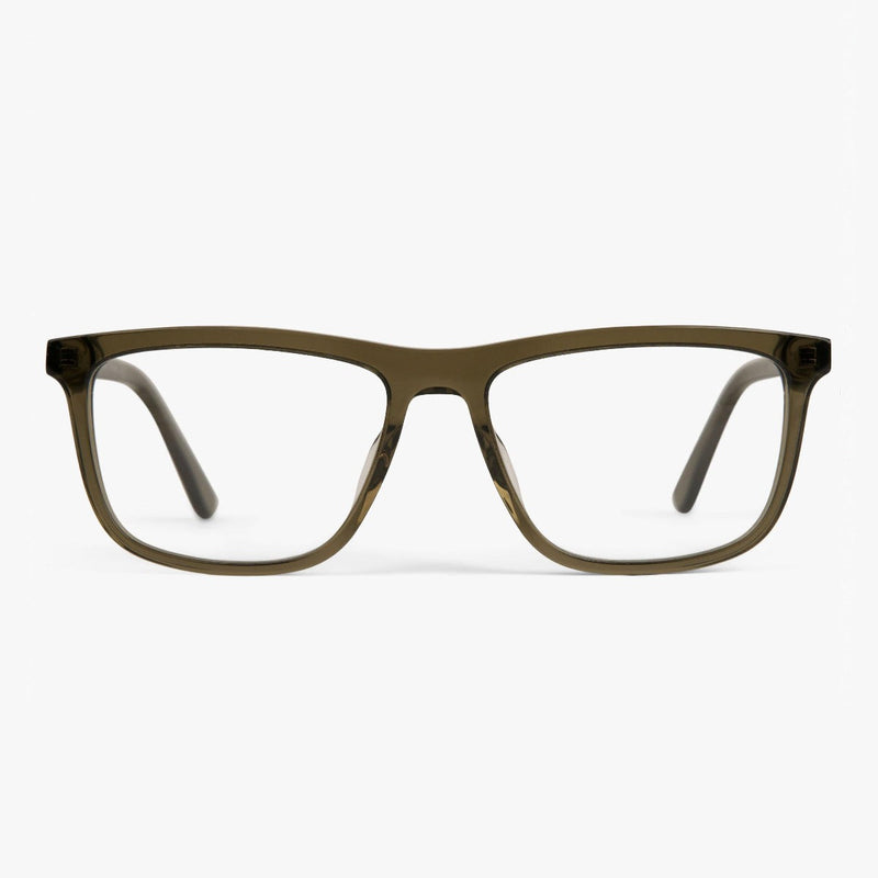 Rectangular shiny olive glasses with clear lenses