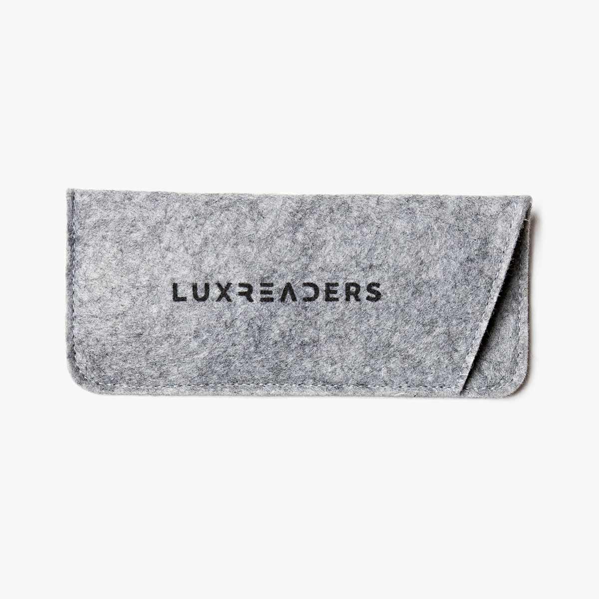 Grey felt case with Luxreaders branding for Sæby Black glasses