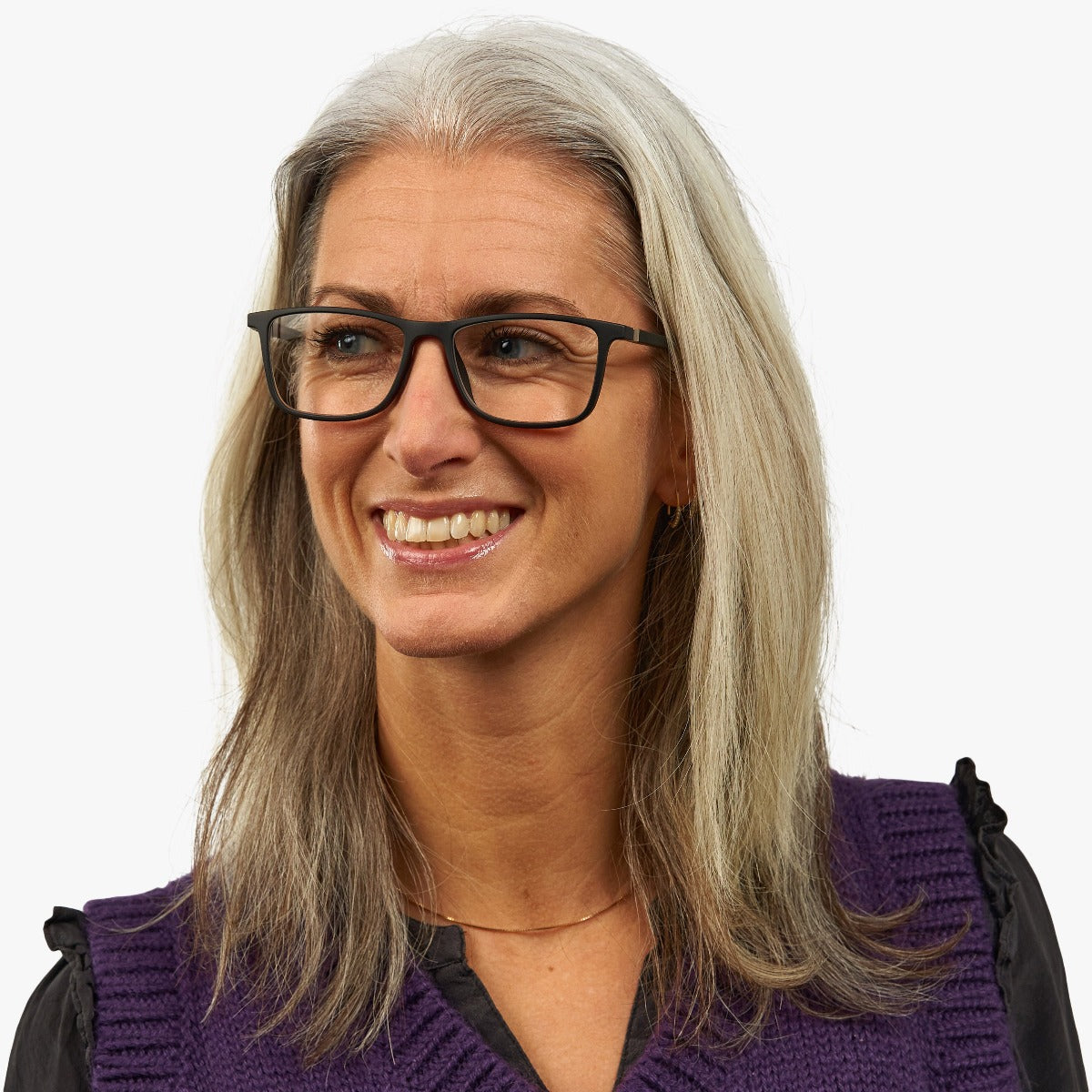 Person wearing Skagen Black rectangular glasses