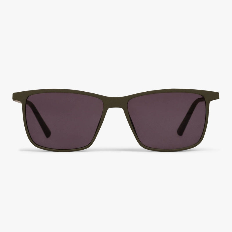 Dark army green rectangular sunglasses with black lenses