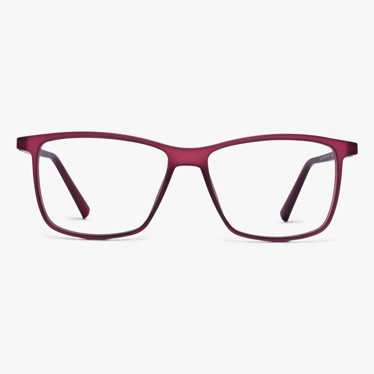 Women's red rectangular glasses, sleek design
