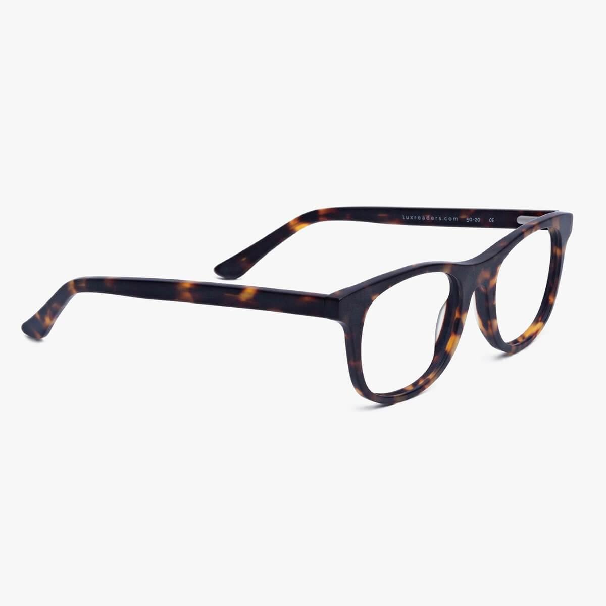 Tortoise shell pattern glasses with luxreaders branding on the temples