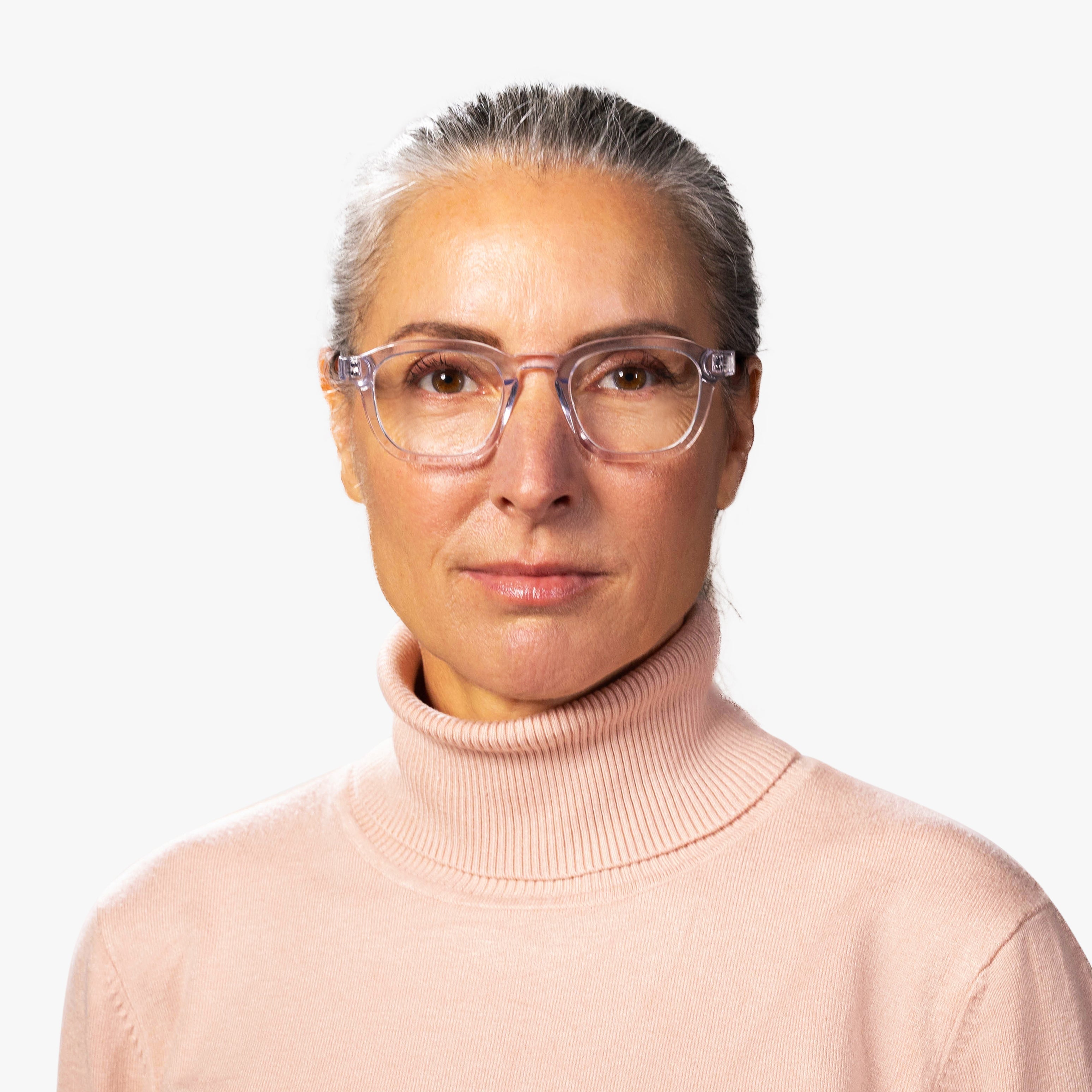 Person wearing crystal white reading glasses