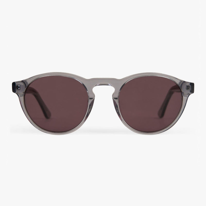 Round crystal grey women's glasses with dark lenses