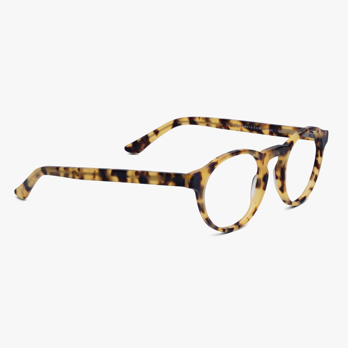 Round tortoiseshell reading glasses with Luxreaders branding